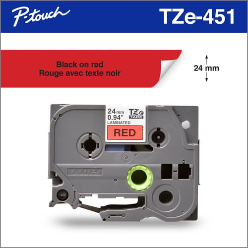 Brother Genuine TZe451 Black on Red Laminated Tape for P-touch Label Makers, 24 mm wide x 8 m long
