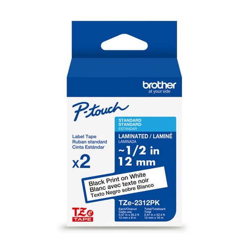 Brother Genuine TZe-2312PK Black on White Laminated Tape 2-Pack for Select P-touch Label Makers, 12 mm wide x 8 m long