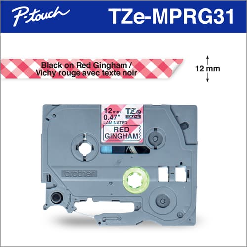 Brother Genuine TZEMPRG31 Black Print on Red Gingham Patterned Tape for P-touch Label Makers, 12 mm wide x 4 m long
