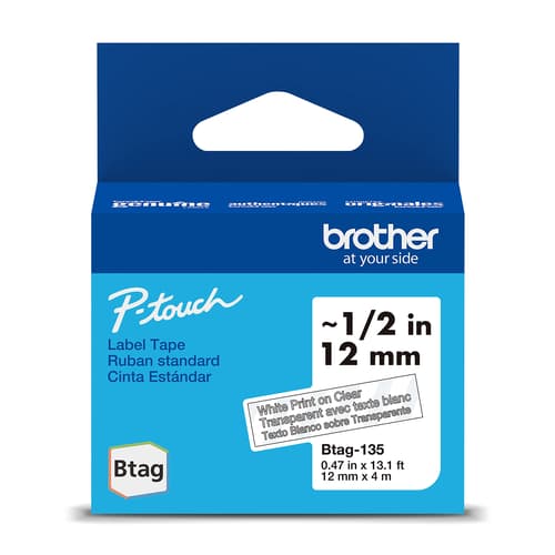 Brother Genuine BTAG135 Non-Laminated Tape for P-touch Label Makers, White on Clear – 12 mm wide x 4 m long