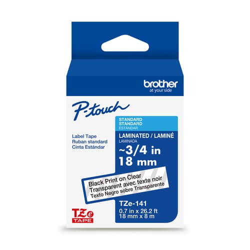 Brother Genuine TZe-141 Black on Clear Laminated Tape for TZe-compatible P-touch Label Makers, 18 mm wide x 8 m long