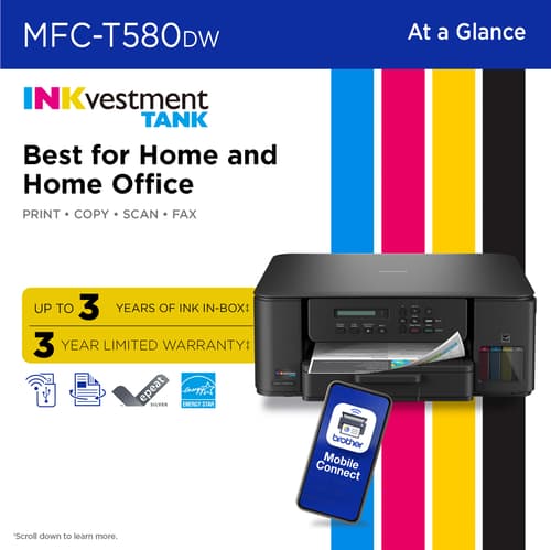 Brother INKvestment Tank MFC-T580DW Wireless Colour Inkjet All-in-One Printer with up to 3 Years of In-Box Ink