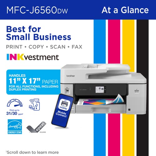 Brother INKvestment MFC-J6560DW Wireless Colour Inkjet All-in-One Printer with 11”x17” capabilities and 2.7” Colour Touchscreen