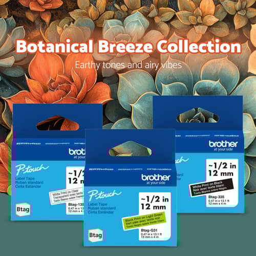 Brother Genuine BTAG 3-pack Non-Laminated Tape for P-touch Label Makers, Botanical Breeze Collection Black on Light Green, White on Clear, White on Black – 12 mm wide x 4 m long
