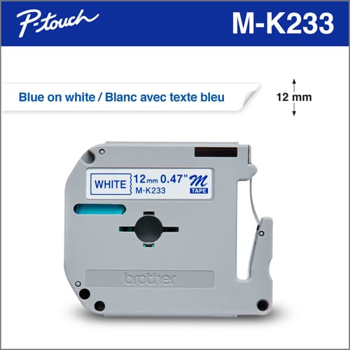 Brother Genuine MK233 Blue on White Non-Laminated Tape for P-touch Label Makers, 12 mm wide x 8 m long