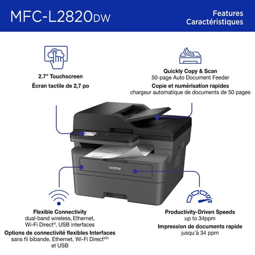 Brother MFC-L2820DW Business-Ready Monochrome Multifunction Laser Printer with Print, Copy and Scan, Mobile Printing, 700 Prints In-box and Available Toner Subscription