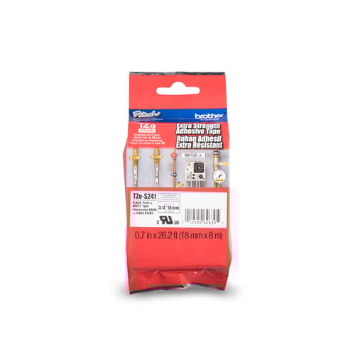 Brother Genuine TZe-S241 Black on White Extra Strength Adhesive Tape for P-touch Label Makers, 18 mm wide x 8 m long