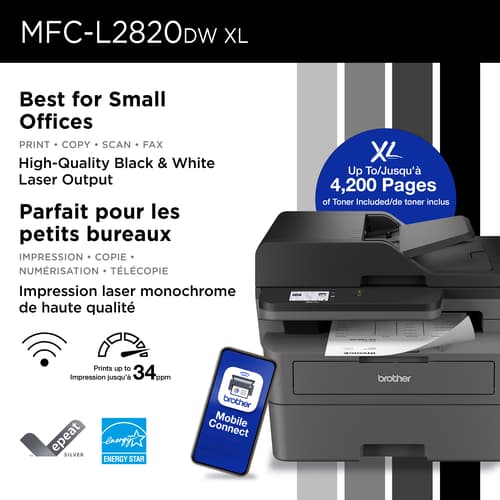 Brother MFC-L2820DWXL Business-Ready Monochrome All-in-One Laser Printer with Print, Copy and Scan, Mobile Printing, 4,200 Prints In-box with Refresh Subscription Option