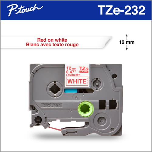 Brother Genuine TZe232 Red on White Laminated Tape for P-touch Label  Makers, 12 mm wide x 8 m long