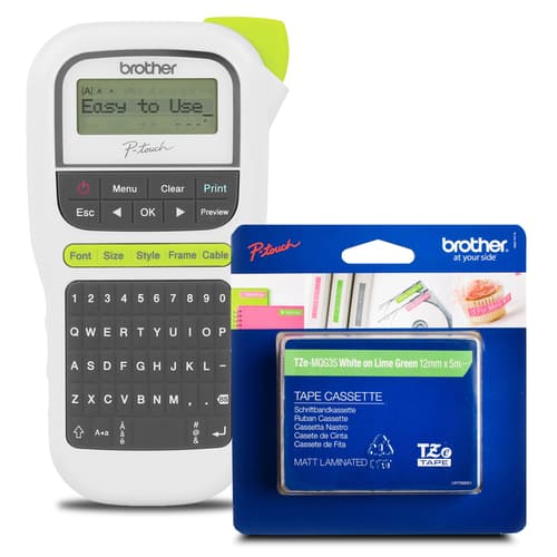 Brother PTH110 label maker with lime green TZEMQG35 tape bundle