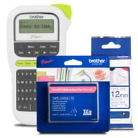 Brother PTH110 label maker with pink TZEMQP35 and white cloth TZEFA3 tapes bundle