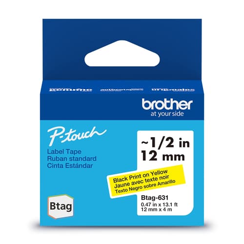 Brother Genuine BTAG631 Non-Laminated Tape for P-touch Label Makers, Black on Yellow – 12 mm wide x 4 m long