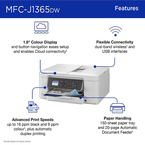 Brother INKvestment MFC-J1365DW Wireless Colour Inkjet All-in-One Printer with Auto Duplex Printing and 1.8” Colour Display