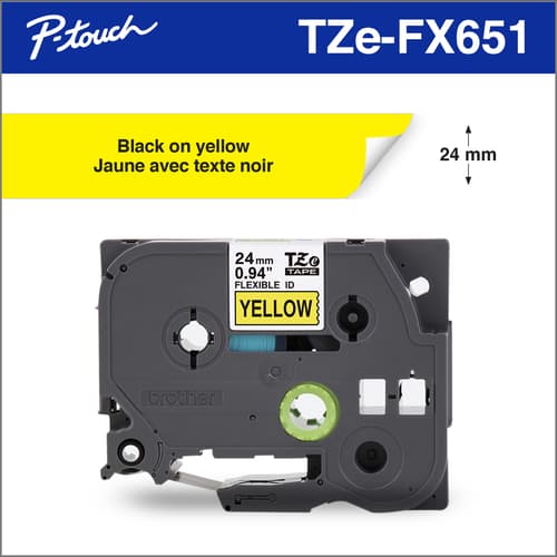 Brother Genuine TZe-FX651 Black on Yellow Flexible ID Laminated Tape for P-touch Label Makers, 24 mm wide x 8 m long