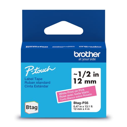 Brother Genuine BTAGP35 Non-Laminated Tape for P-touch Label Makers, White on Pink – 12 mm wide x 4 m long