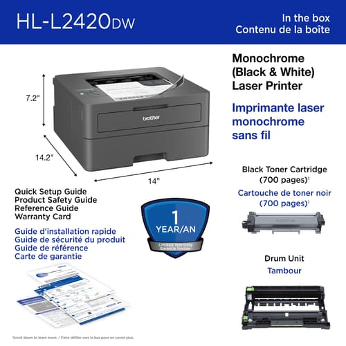 Brother Wireless HL-L2420DW Compact Monochrome Laser Printer, Duplex and Mobile Printing