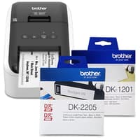 Brother QL800 label printer with DK1201 standard address paper labels and DK2205 black on white paper tape bundle