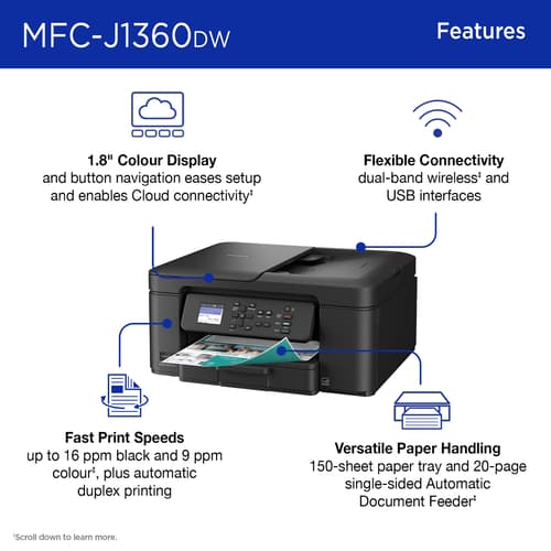 Brother Work Smart MFC-J1360DW Wireless Colour Inkjet All-in-One Printer with Automatic Duplex Printing and 1.8” Colour Display