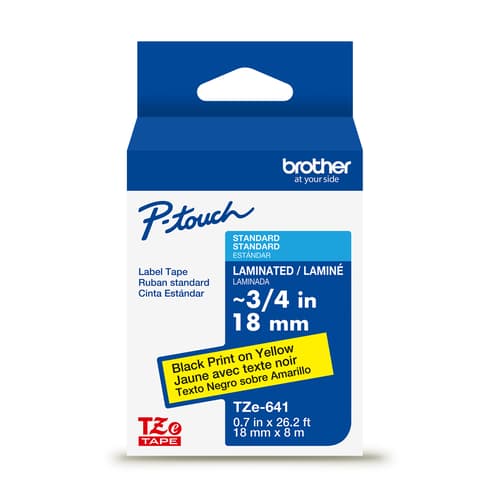 Brother Genuine TZe-641 Black on Yellow Laminated Tape for TZe-compatible P-touch Label Makers, 18 mm wide x 8 m long