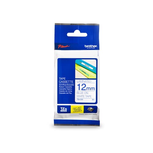 Brother Genuine TZe233 Blue on White Laminated Tape for P-touch Label Makers, 12 mm wide x 8 m long