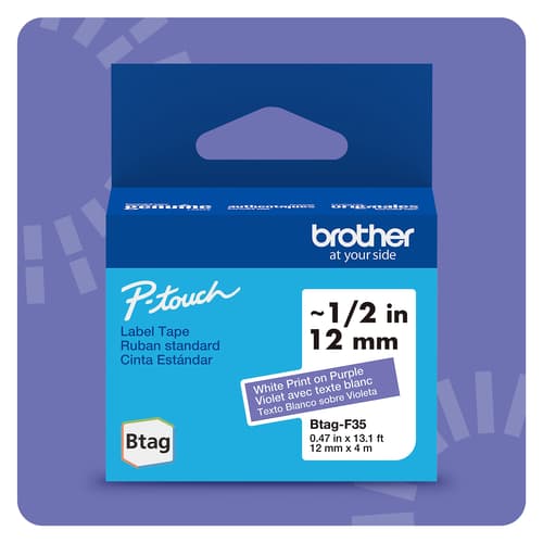 Brother Genuine BTAGF35 Non-Laminated Tape for P-touch Label Makers, White on Purple – 12 mm wide x 4 m long