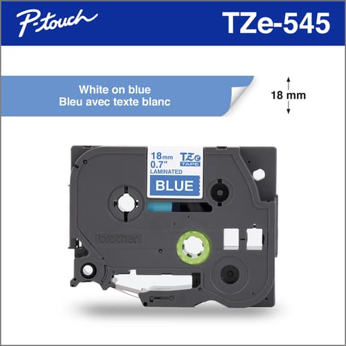 Brother Genuine TZe545 White on Blue Laminated Tape for P-touch Label Makers, 18 mm wide x 8 m long
