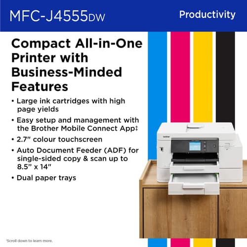 Brother INKvestment MFC-J4555DW Wireless Colour Inkjet All-in-One Printer with 2.7” Colour Touchscreen and 2 Paper Trays