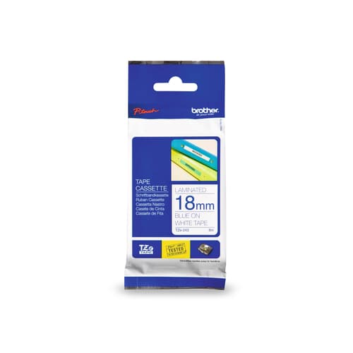 Brother Genuine TZe243 Blue on White Laminated Tape for P-touch Label Makers, 18 mm wide x 8 m long