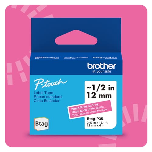 Brother Genuine BTAGP35 Non-Laminated Tape for P-touch Label Makers, White on Pink – 12 mm wide x 4 m long