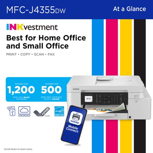 Brother INKvestment MFC-J4355DW Wireless Color Inkjet All-in-One Printer with 1.8” Color Display and Manual Feed Slot