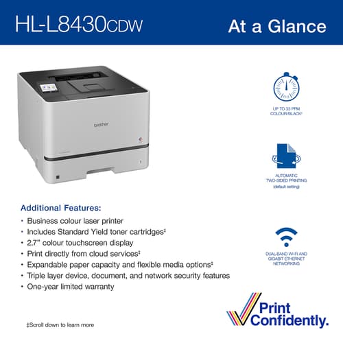 Brother HL-L8430CDW Business Colour Laser Printer with Low-Cost Printing and Wireless Networking