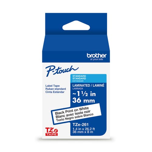 Brother Genuine TZe-261 Black on White Laminated Tape for TZe-compatible P-touch Label Makers, 36 mm wide x 8 m long