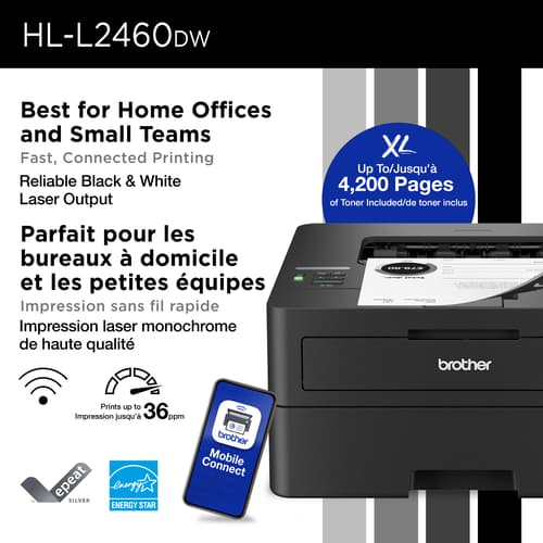 Brother HL-L2460DWXL Home Office-Ready Monochrome Laser Printer with 4,200 Prints In-box, Duplex and Mobile Printing with Refresh Subscription Option