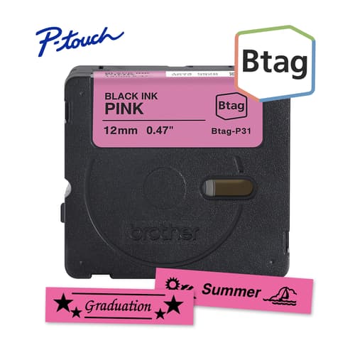 Brother Genuine BTAGP31 Non-Laminated Tape for P-touch Label Makers, Black on Pink – 12 mm wide x 4 m long