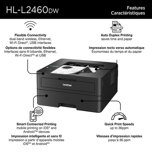 Brother HL-L2460DW Home Office-Ready Monochrome Laser Printer with 700 Prints In-box, Duplex and Mobile Printing with Refresh Subscription Option