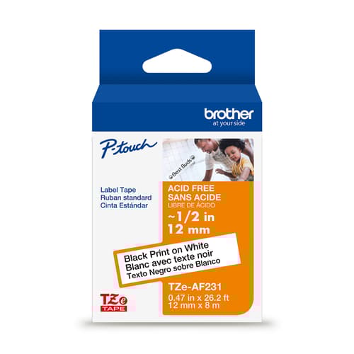 Brother Genuine Tze-AF231 Black on White Acid-Free Tape for TZe-compatible P-touch Label Makers, 12 mm w x 8 m long