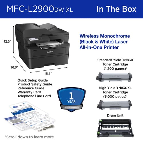 Brother Wireless MFC- L2900DW XL Compact Monochrome All-in-One Laser Printer with up to 4,200 pages(1) of toner included, Single Pass Duplex Copy and Scan, Fax, Mobile Printing