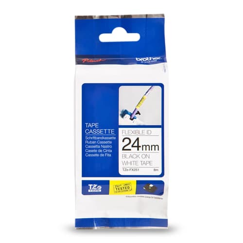Brother Genuine Tze-FX251 Black on White Flexible ID Laminated Tape for P-touch Label Makers, 24 mm wide x 8 m long