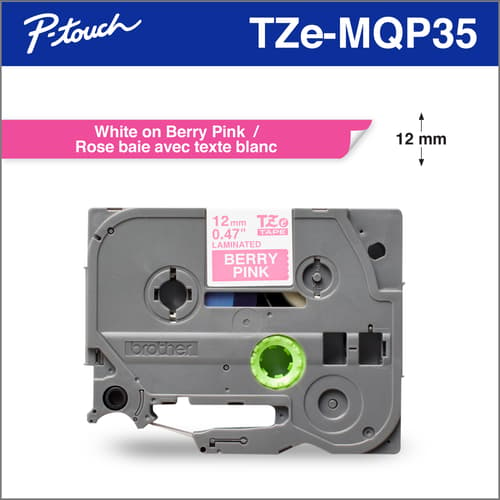 Brother Genuine TZEMQP35 White Print on Berry Pink Tape for P-touch Label Makers, 12 mm wide x 5 m long