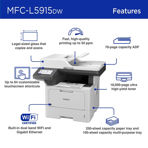 Brother MFC-L5915DW Business Monochrome Laser All-in-One Printer with Low-cost Printing, Wireless Networking and Duplex Print, Scan, and Copy