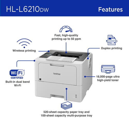 Brother HL-L6210DW Business Monochrome Laser Printer with Large Paper Capacity, Wireless Networking, and Duplex Printing