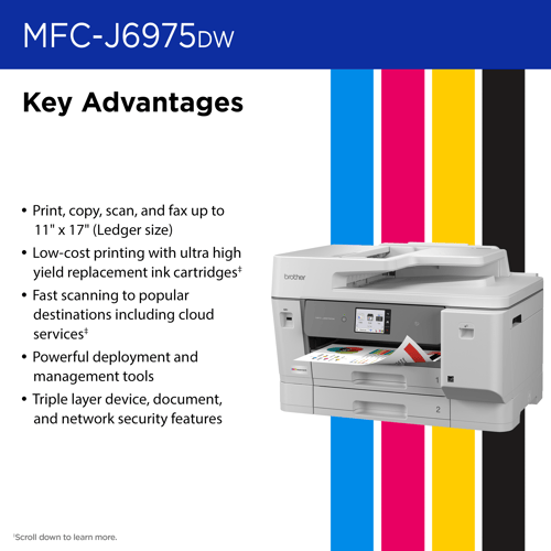 Brother MFC-J6975DW Business Colour Inkjet All-in-One Printer with 11” x 17” Print, Copy, Scan, Fax, Low-Cost Printing, and Advanced Security Features