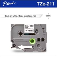 Brother Genuine TZe211 Black on White Laminated Tape for P-touch Label Makers, 6 mm wide x 8 m long
