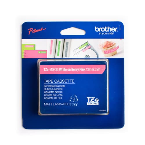 Brother Genuine TZEMQP35 White Print on Berry Pink Tape for P-touch Label Makers, 12 mm wide x 5 m long