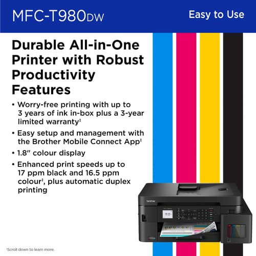 Brother INKvestment Tank MFC-T980DW Wireless and Ethernet Colour Inkjet All-in-One Printer with Multipurpose Tray