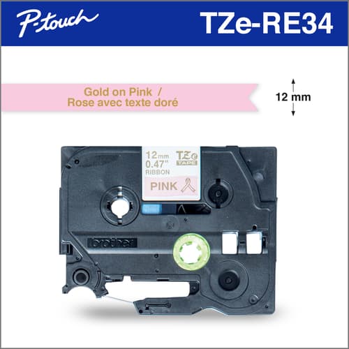 Brother Genuine TZERE34 Decorative Gold on Pink Satin Ribbon for P-touch Label Makers, 12 mm wide x 4 m long