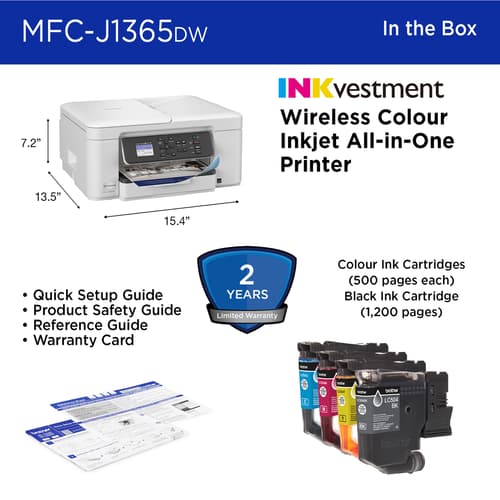 Brother INKvestment MFC-J1365DW Wireless Colour Inkjet All-in-One Printer with Auto Duplex Printing and 1.8” Colour Display