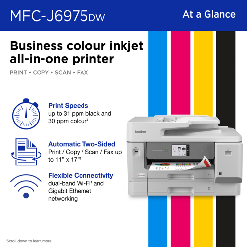 Brother MFC-J6975DW Business Colour Inkjet All-in-One Printer with 11” x 17” Print, Copy, Scan, Fax, Low-Cost Printing, and Advanced Security Features