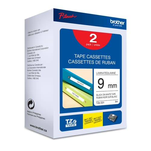 Brother Genuine TZe2212PK Black on White Laminated Tape, 2-Pack for P-touch Label Makers, 9 mm wide x 8 m long