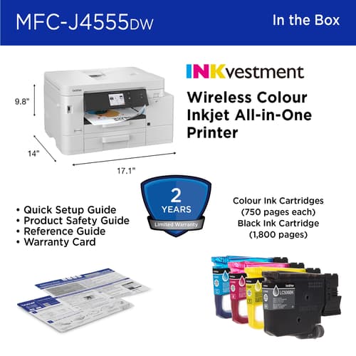 Brother INKvestment MFC-J4555DW Wireless Colour Inkjet All-in-One Printer with 2.7” Colour Touchscreen and 2 Paper Trays